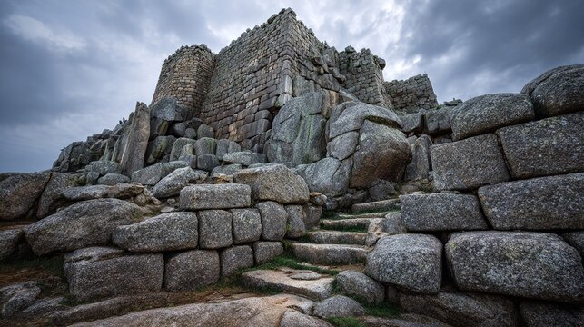 permanent. Ancient castle's massive granite foundation blocks enduring under a cloudy sky. real-estate listings.