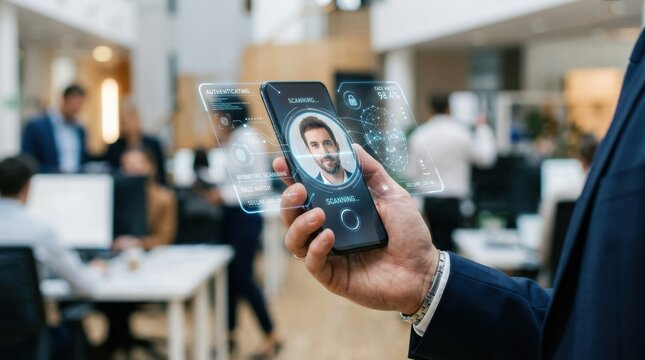 Businessman holding smartphone with face scan and identity verification overlay in office. Digital identity verification concept.