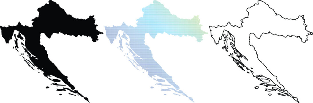 Set of Croatia country maps including a solid black silhouette, a blue and green dotted halftone gradient, and a simple line art outline isolated on a white background.