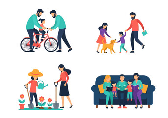 Fototapeta premium Modern Flat Vector Illustration Set of Family Activities Including Cycling, Gardening, Walking a Dog, and Reading Together on a Sofa