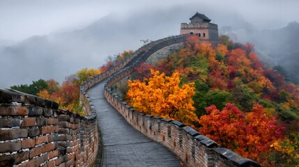 Naklejka premium Great wall of china winding through autumn fog