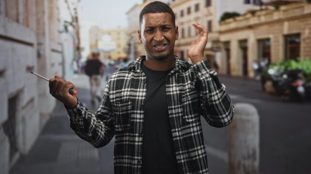 Black man holding screwdriver and cupping ear while squinting, right hand gripping orange screwdriver, standing on a street near bollard and storefront; confusion.