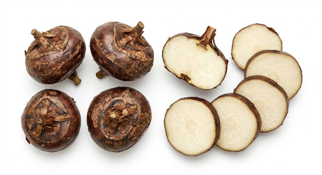 Fresh whole and sliced water chestnut showing white interior