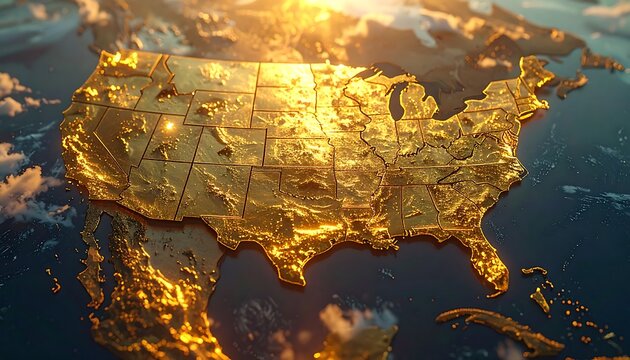 Golden United States Map Illuminated by Sunrise.