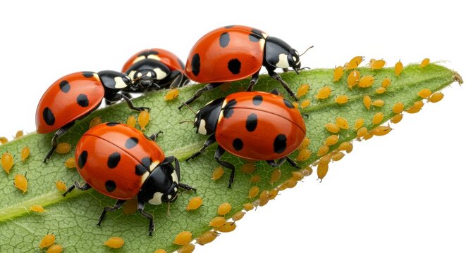 Ladybird beetles on infested leaf arranged across narrow green blade with aphids visible