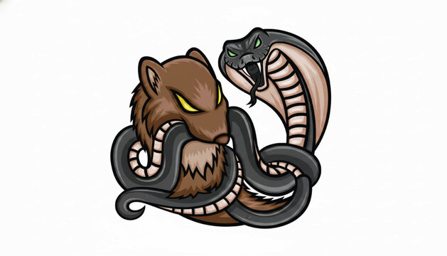 Warrior wolf and snake mascot fighting with gray heavy tires, cartoon style esports logo on white background