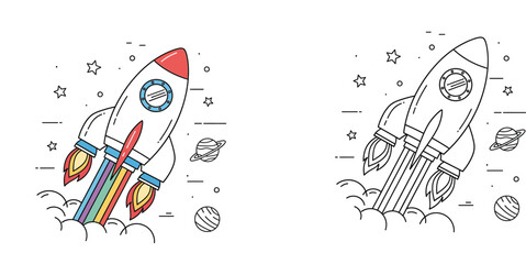Space Rocket Coloring Page for Kids, Cartoon Spaceship Illustration with Rainbow Trail and Planets, Black and White Outline Vector Set for Children Activities and Science Education © MMONIR