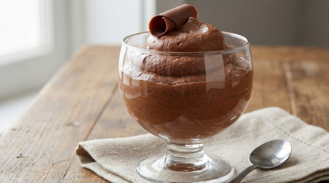 Elegant decadent dark chocolate mousse topped with a chocolate curl served in a glass dish on a rustic wooden table with a spoon