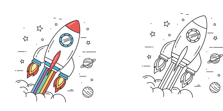 Space Rocket Coloring Page for Kids, Cartoon Spaceship Illustration with Rainbow Trail and Planets, Black and White Outline Vector Set for Children Activities and Science Education