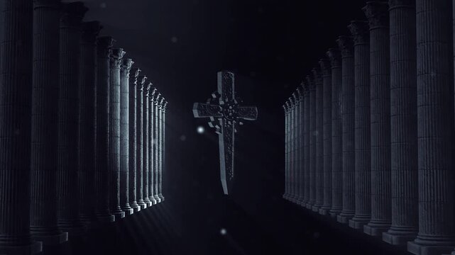 Gothic fantasy cross with blackened silver finish and industrial pipes glows in a dark cinematic workshop