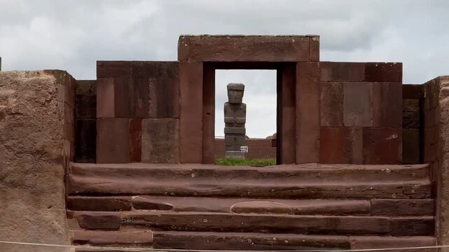 Ancient Monolith Ponce inside Kalasasaya Temple at Tiwanaku Archaeological Site, Bolivia