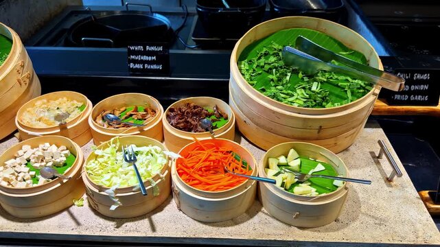 Panning shot of Asian breakfast buffet salad bar with bamboo steamers of fresh vegetables and condiment station with soy sesame and fish sauces