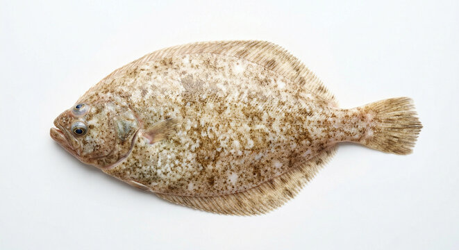 Single flatfish with speckled skin on a white background