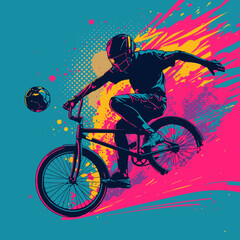 Naklejka premium Dynamic illustration of a BMX rider executing a daring trick. The illustration uses vibrant colors and bold lines to capture the energy and skill of the rider