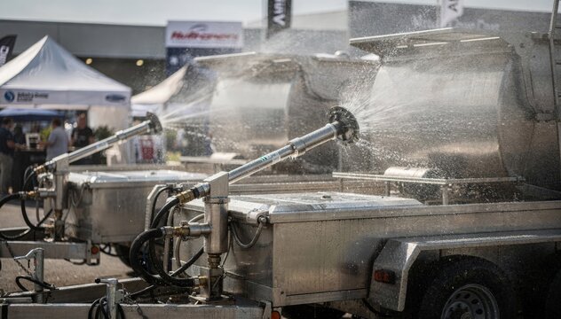 Daytime medium shot capturing the trailers industrial washers actively cleaning focused on rotating sprayers with vendor booths blurred.