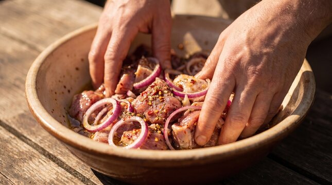 Hands mix raw meat with onions, spices, and oil in a bowl for marination.