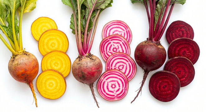 Fresh whole and sliced colorful beets with vibrant patterns