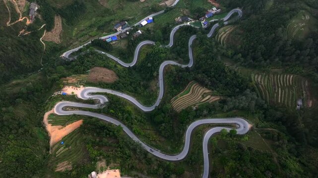 Ha Giang Loop. Picturesque curvy Pass on QL4C Mountain Road in Northern Vietnam. Chin khoanh ramp, UNESCO world heritage