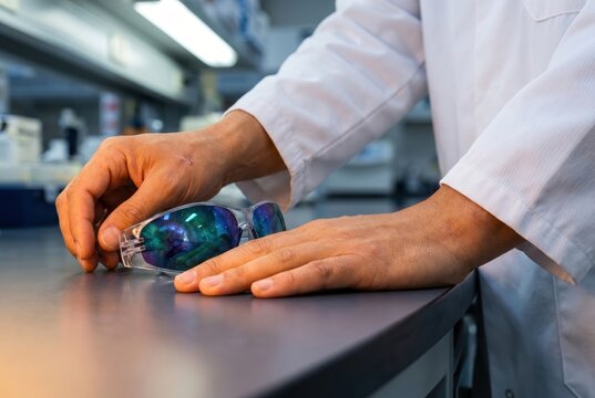 Hands placing safety glasses with cosmic reflection laboratory setting