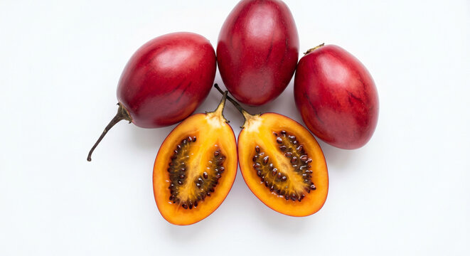 Fresh whole and halved tamarillo fruit with vibrant colors