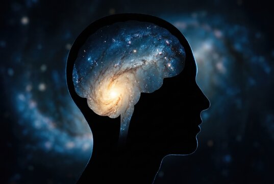 Silhouette profile with spiral galaxy inside head shape glowing space