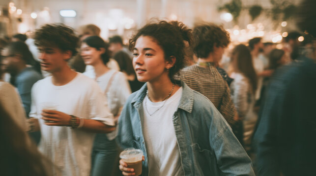Young woman nightlife crowd party dancing social Young woman holding drink busy nightlife crowd