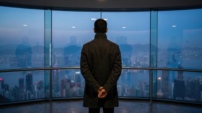 Man in coat looking through panoramic observatory window at cityscape