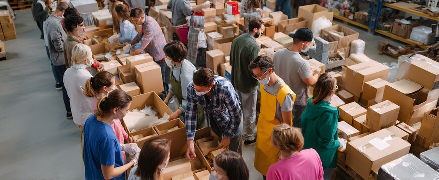 Volunteers sorting donations with heartfelt dedication in a lively community warehouse