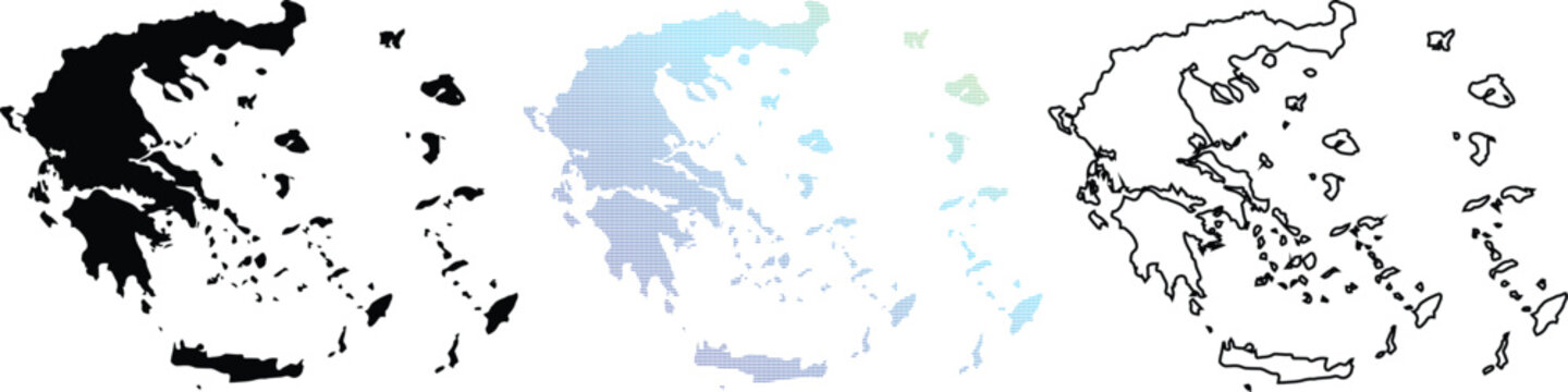 Set of Greece Country Maps Featuring Solid Black Silhouette, Blue Gradient Pixelated Pattern, and Minimalist Line Art Outline for Graphic Design
