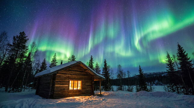 Wooden cabin under aurora borealis in snowy winter night