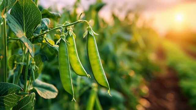 Green peas hanging on the plant in a green field with morning dew.