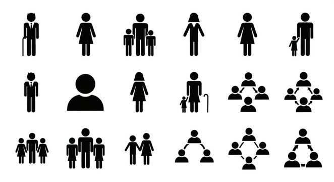 Collection of diverse human pictogram icons representing families and groups.