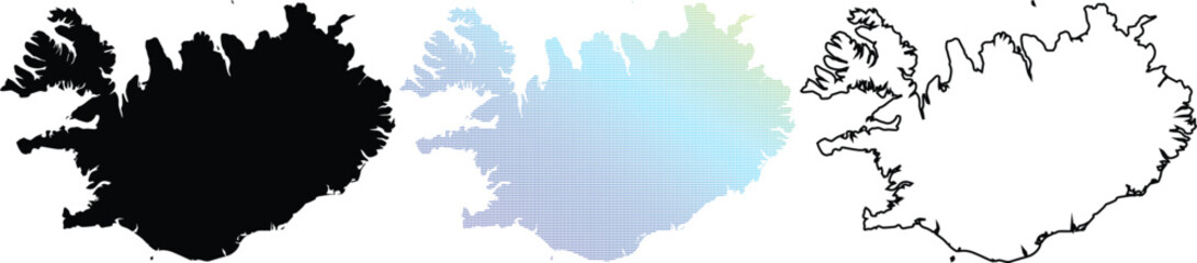 Fototapeta premium Set of Iceland country maps featuring a solid black silhouette, a blue-green gradient pixelated grid, and a clean minimalist outline on a white background.