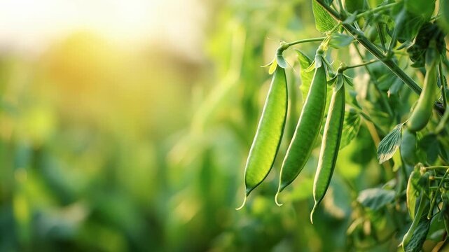 Green peas hanging on the plant in a green field with morning dew.