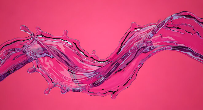 Dynamic splash of vibrant pink liquid flowing in a sinuous wave against a solid pink background, suggesting motion and refreshment