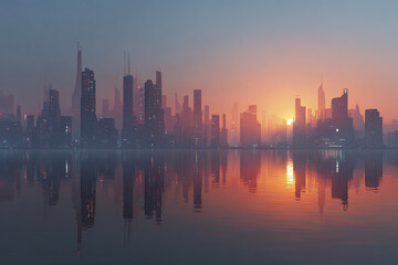 Obraz premium Futuristic city skyline at sunrise with glowing skyscraper reflections on calm water, creating serene and atmospheric urban landscape in soft warm light