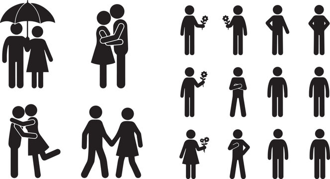 Collection of romantic couple stick figure silhouettes featuring icons for giving flowers hugging under umbrella holding hands and love concepts for vector designs