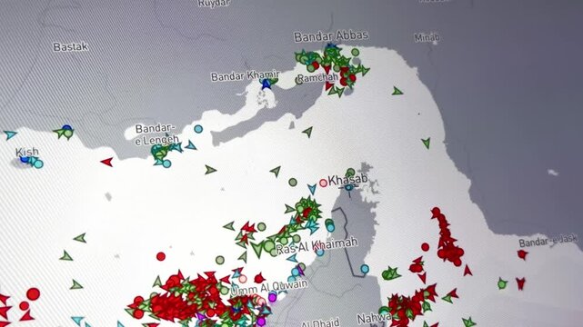 Marine traffic jam in the Strait of Hormuz with trapped ships visible
