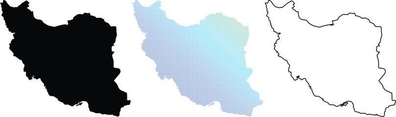 Set of Iran country maps including black silhouette, blue gradient dotted pixel pattern, and thin line outline for geographic design and infographics. © Hossain's Stodio 