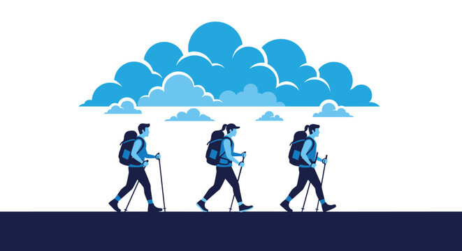 Group of three outdoor enthusiasts hiking with backpacks and trekking poles under a large stylized blue cloud.
