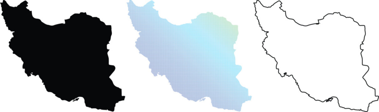 Set of Iran country maps including black silhouette, blue gradient dotted pixel pattern, and thin line outline for geographic design and infographics.