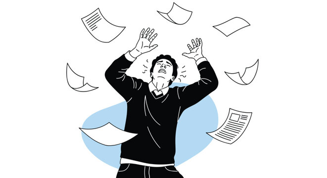 Stressed man in a dark sweater looking upwards with hands raised as papers fly around him in this dramatic line art illustration.