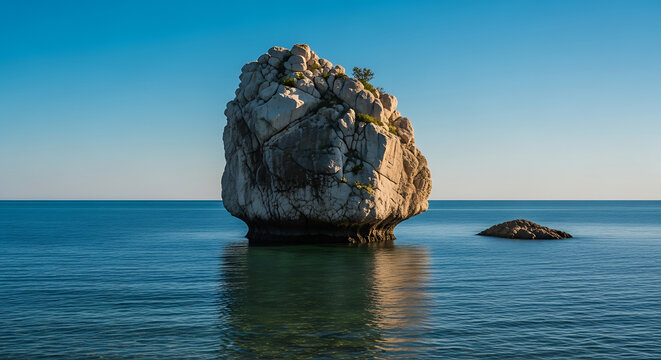 Large rugged sea stack illuminated by golden hour sun, clear blue sky and calm ocean water, rocky coastal landscape