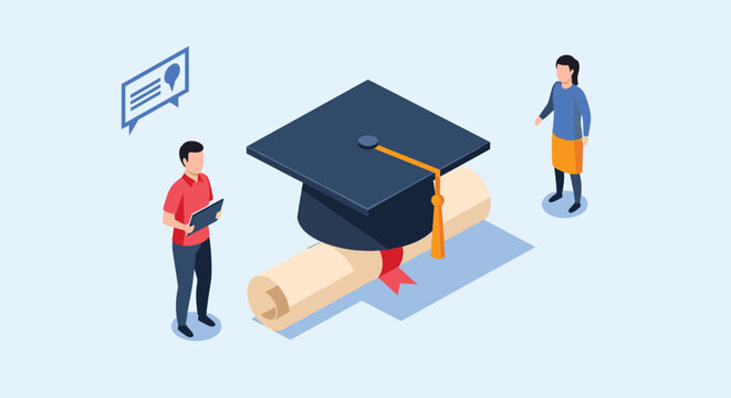 Graduation cap resting on a rolled diploma with students and an idea bubble in this isometric illustration about education.