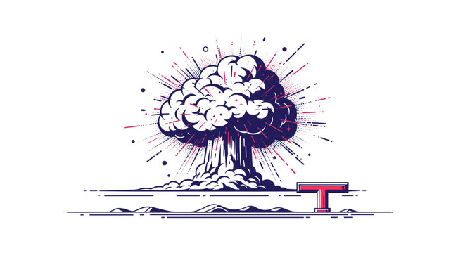 Graphic illustration of a powerful mushroom cloud from a nuclear explosion with rays and debris on a distant white horizon.