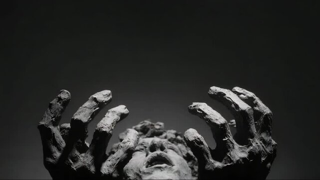 Sculpture of a distressed face with outstretched hands in darkness  