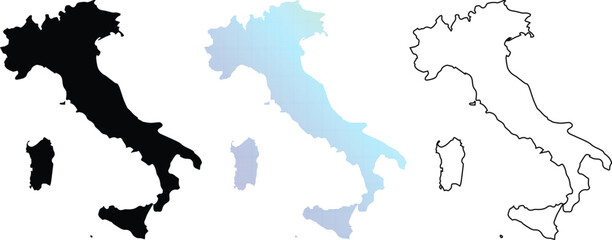 Set of Italy country maps including solid black silhouette, blue pixelated dot pattern, and thin black line outline on white background for travel and geography design. © Hossain's Stodio 