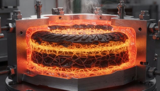 Medium shot of tiregrade selfhealing elastomer being molded showcasing dynamic heating process to form strong reversible crosslinks for enhanced durability and resilience.