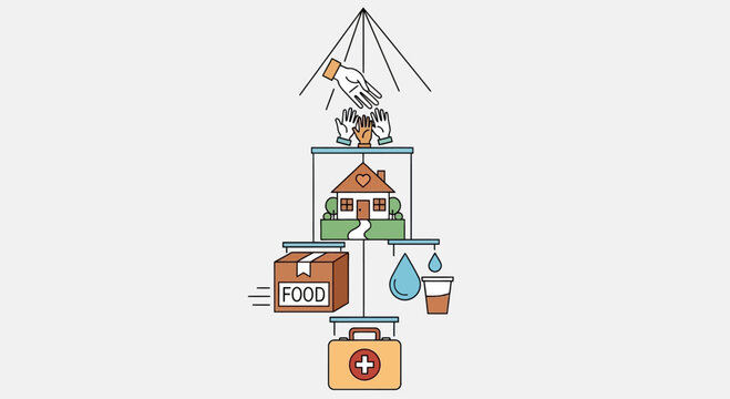 Conceptual Illustration of a Mobile Hanging with Basic Human Needs Symbols including Food Water Shelter and Healthcare.
