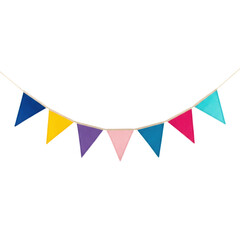 Fototapeta premium Festive bunting banner with triangular swallowtail flags made of textured linen and cotton in vibrant colors suspended on a natural fiber string, joyful atmosphere
